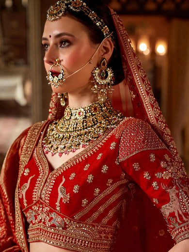 Attractive Red Embroidered Silk Bridal Lehenga Choli With Double Dupatta
